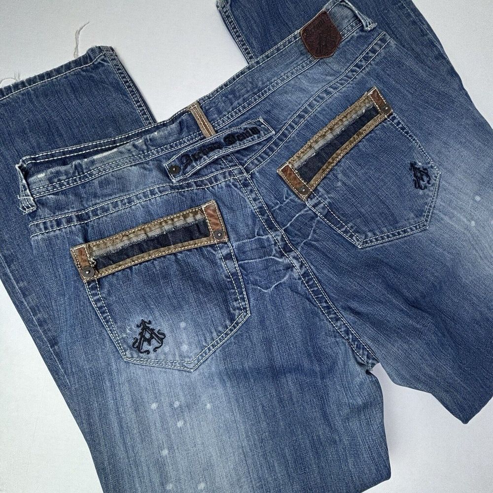 Y2K Archaic Affliction Mens 42X33 Jeans Denim Leather Whiskers Distressed Logo